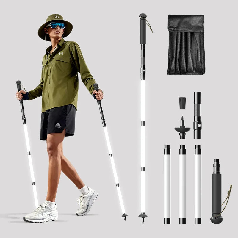 Aluminum Alloy Foldable Lighted Trekking Pole, Rechargeable LED Walking Stick for Night Hiking, Camping, Trekking Outdoor Travel